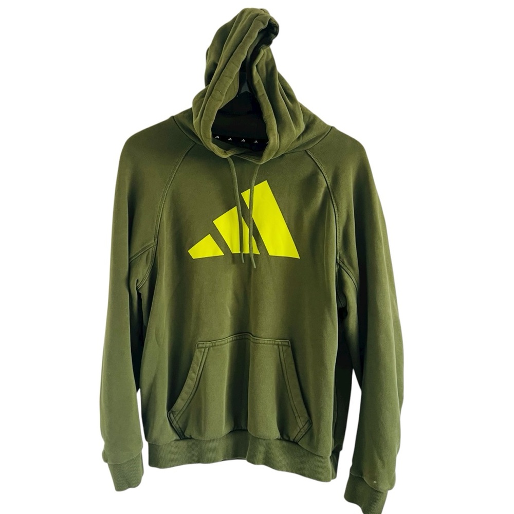 Adidas Men's Olive Green with Neon Yellow Logo Hoodie Sweatshirt